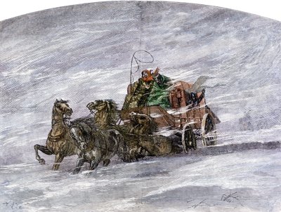 Historia om nybyggarna och conquete i väst: Amerikanska pionjärer. Flit på en äng mitt i snöstormen av Unbekannter Künstler