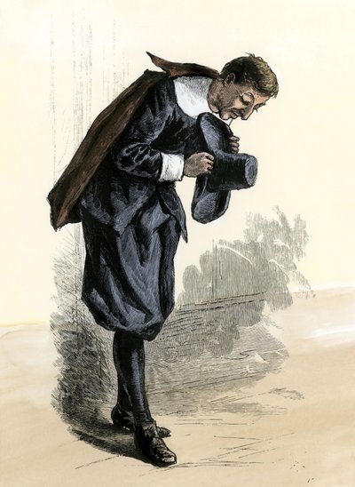 Historia om nybyggarna och conquete i väst: Amerikanska pionjärer. Puritan från New England med huvudet på sned. Kolorerad gravyr från 1800-talet. av Unbekannter Künstler