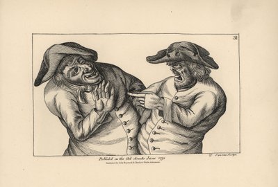 Hodge och Roaf anklagar varandra för att ha lämnat en kruka med piss i stället för en kanna med öl. Kopparstick av Thomas Sanders efter en satirisk illustration av Timothy Bobbin (John Collier) (1708-1786) från Human Passions Delineated, John Haywood, Manc av Unbekannter Künstler