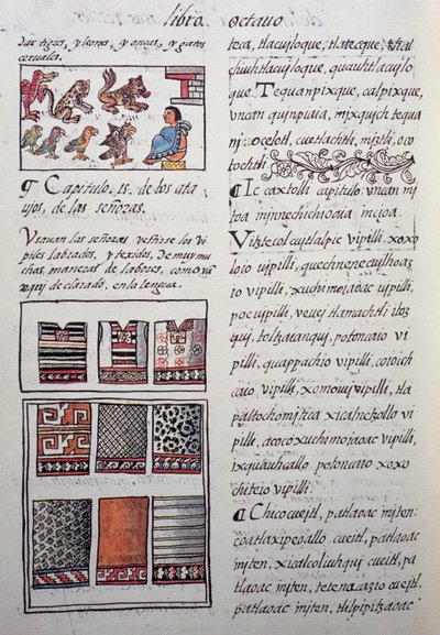 Huipil, kvinnligt plagg som bärs av adeln med broderade blusar, bok VIII av Florentine Codex, General History of Things of New Spain, av den spanske missionären Fray Bernardino de Sahagun. Aztekisk civilisation av William M. Timlin