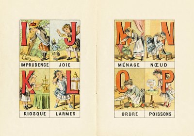 I: hänsynslöshet; J: glädje; K: kiosk; L: tårar; M N O P: hushåll, knut, ordning, fisk - Gravyr hämtad från ABCD av små flickor. Pellerin & Cie, tryckare-förlag, Epinal, omkring 1890. Serie A. Mått: 19 x 13,5 cm. av Unbekannt