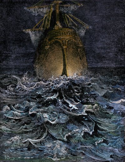 Jag såg havet i förruttnelse, skrovet av ett skepp på havet på natten - Illustration av Gustave Dore (1832-1883) till "La Lournte du vieux sailor" av Samuel Taylor Coleridge (1772-1834) - Kolorerad gravyr av Unbekannter Künstler