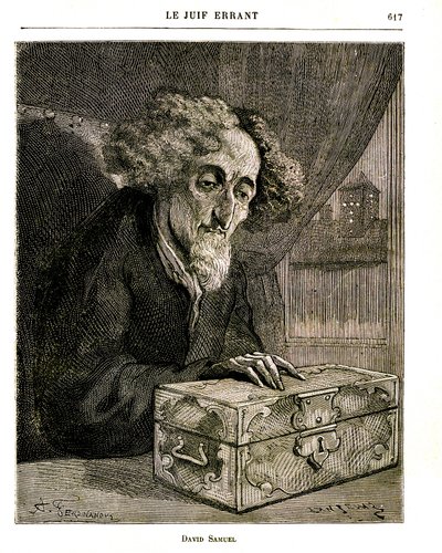 Illustration av Eugene Sues roman "Den vandrande juden"" - Gravyr av FERDINANDUS i Jules Rouff-utgåvan 1883. David Samuel, väktaren av familjen De Renneponts egendom, med kassetten (kistan) som innehåller värdepapper, aktier, växlar av Unbekannt