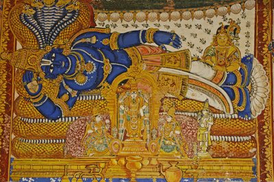 Indien, Tamil Nadu, Srirangam, Sri Ranganathaswamy Hindu Temple (original 10th Century), Väggmålning av Vishnu. av Unbekannt