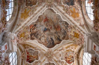 Interiörfotografi av takfresker, takmålning, klosterbasilika, klosterkyrka, Augustinerkanonernas kloster, Neustift-klostret, även kloster, Vahrn nära Brixen, Bressanone, Sydtyrolen, Italien, Europa (foto) av Unbekannter Künstler