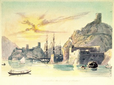 Interiörvy av hamnen i Muscat (Oman) med beskrivning av befästa byggnader och förtöjda fartyg. Överstelöjtnant Paint Charles Hamilton Smith (1776-1859) av Unbekannter Künstler