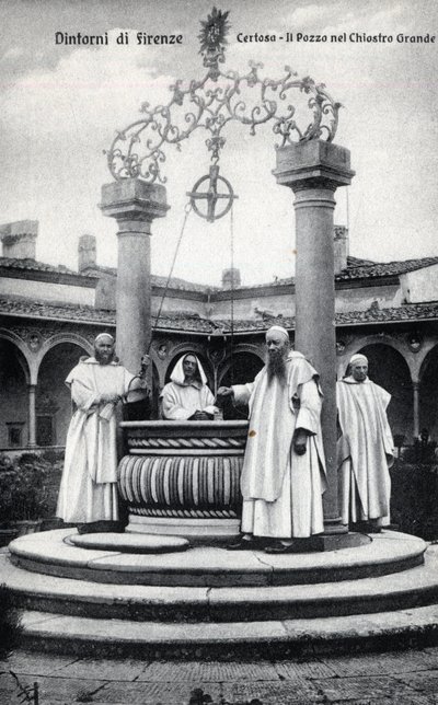 Italien, Florens, Chartreuse av Galluzzo (Certosa del Galluzzo): brunnen i det stora klostret - Vykort sent 1800- och 1900-tal av William M. Timlin
