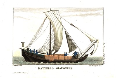 Japansk segelbåt. Illustration av Jean Louis Prevost från Jean François de Galaup, Earl of La Perouse (1741-1788) Journal. Kopparstick av dell