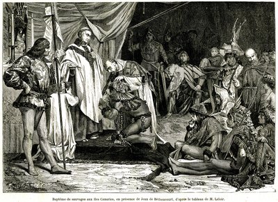 Jean de Bethencourt, normandisk gentleman, baron de Saint Martin le Gaillard, erövrade och kristnade Kanarieöarna i januari 1405, från tidskriften "Sur terre et sur mer"" nr 28, 8 januari av Unbekannter Künstler