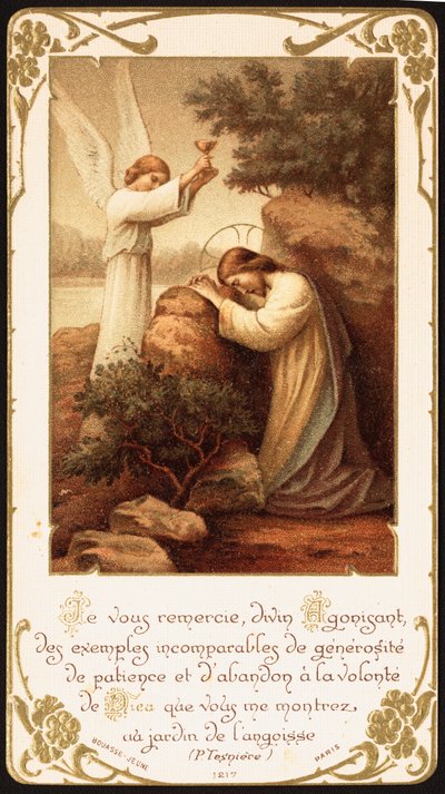 Jesus knäböjde i bön i Getsemane trädgård, en ängel presenterade en kalk för honom. Början av 1900-talet (vykort) av Unbekannter Künstler