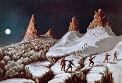 John MacGregors bestigning av Mont Blanc, Grands Mulets route, illustration från Narrative of ascent to Mont Blanc, 21 september av William M. Timlin