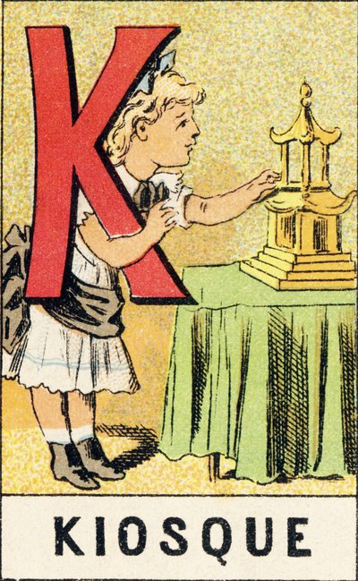 K: Kiosk - Gravyr hämtad från ABCD av små flickor. Pellerin & Cie, tryckare-förlag, Epinal, omkring 1890. Serie A. Mått: 19 x 13,5 cm. av Unbekannt