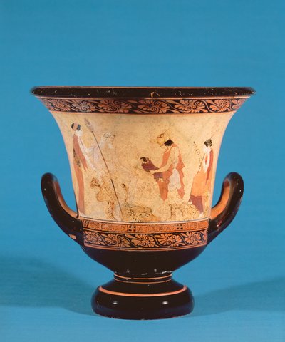 Kalyx krater föreställer Hermes som levererar spädbarnet Dionysos till nymferna, etruskiska, c.460 f.Kr. (terrakotta) av Unbekannt