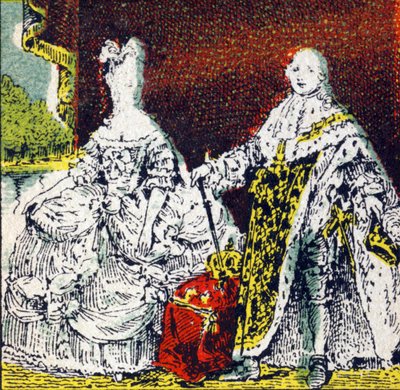 Kung Ludvig XVI av Frankrike och drottning Marie Antoinette. Gravyr i "Histoire de France". Serie reklambilder publicerade på uppdrag av Louit, 24 rue d