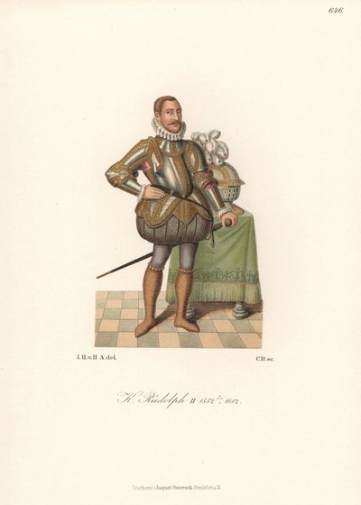 Kung Rudolf II, tysk-romersk kejsare, kung av Böhmen, ärkehertig av Österrike (1552-1612). I spetskrage, gulddekorerad plåtrustning, slitsade vadderade strumpbyxor och ringbrynjestrumpor. Kromolitografi från Hefner-Altenecks Costumes, Artworks and Applianc av Unbekannter Künstler