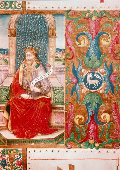 Kung Salomo på tronen Upplyst brev från manuskriptet Ms. K C 43, Florens, Museo del 