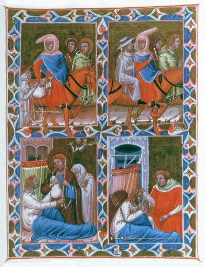 Riddare från Lyon till Compostela, tar med sig en gammal kvinna och en sjuk man. Kristus och St Jacques uppenbarar sig för den döende riddaren av Unbekannter Künstler