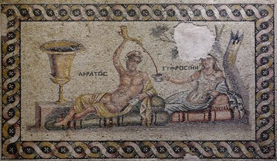 Kratos (Cratos) och Euphrosyne (Euthymia) - Mosaik, Akratos och Euphrosyne, Zeugma Mosaikmuseum, Gaziantep, Region Sydöstra Anatolien, Anatolien, Turkiet, Asien av Unbekannter Künstler