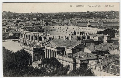 Languedoc Roussillon, Gard (30), Nimes: allmän utsikt över staden med arenor och Maison Carree - Vykort sent 1800- och 1900-tal av William M. Timlin