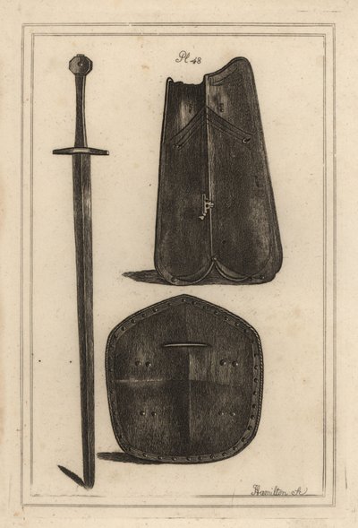 Stor bröstplåt eller curass 1, sköld perforerad i mitten 2 och tvåhandssvärd som alla tillhörde Guy, Earl of Warwick 3, Kopparstick av J av Unbekannt