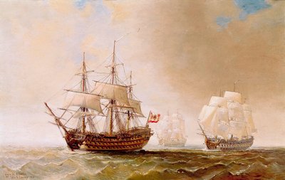 Det spanska skeppet San Hermenegildo i slaget vid Trafalgar den 21/10/1805: den fransk-spanska flottan under amiral Villeneuve ställdes mot den brittiska flottan under befäl av viceamiral Nelson. Anonym målning från 1800-talet av Unbekannter Künstler