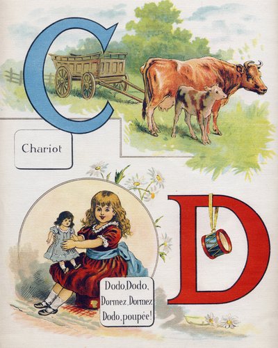 Bokstaven C och D: Vagn och sova, sova, sova, sova, sova docka. Gravyr i "ABC L