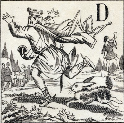 Bokstav D: Kung Dagobert förföljd av en hare. Gravyr i "ABC Les Images en Alphabet". Epinal avbildning. Pellerin och Cie, tryckare-förlag, Epinal, sent 1800-tal, ca 1890. 10 sidor. Mått: 19,5 x 13,5 cm av Unbekannt