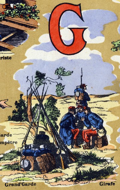 Bokstaven G som arméns stora vakt. Iphabet illustrerar. Bilder återförenades i Jarville-Nancy, tidigt 1900-tal. Mått: 40 x 29 cm. Litografi på en bistre bakgrund av Unbekannt