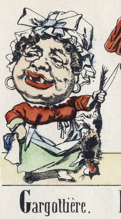 Bokstaven G: gargottiere. Alfabetet i den östra berättelsen. Avbildning av Epinal, cirka 1890. Populär serie. Litet häfte på 8 sidor. Mått: 205x150mm. Stencilerade trästick på temat metier av Unbekannt