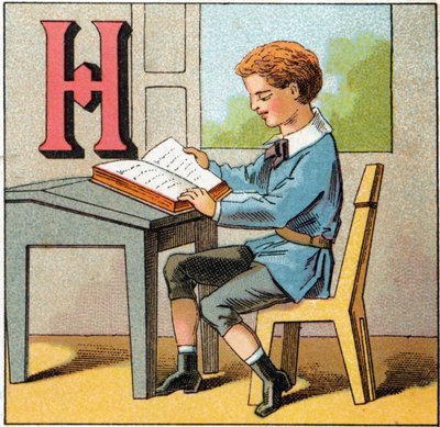 Bokstaven H som Frankrikes historia. Gravyr i "Alphabet des petits ecoliers". Avbildning av Epinal, cirka 1885. Privee Collection av Unbekannt