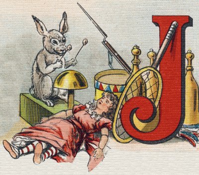Bokstaven J: leksaker. Gravyr i "Alphabet de ma petite fille". Bernardin-Bechet och Fils, bokhandlare-förlag, Paris, omkring 1895. Okrossbart album på duk. Bibliotheque des Bebes. 12 sidor. Album innehållande en läsmetod och en illustrativ abecedary av Unbekannt
