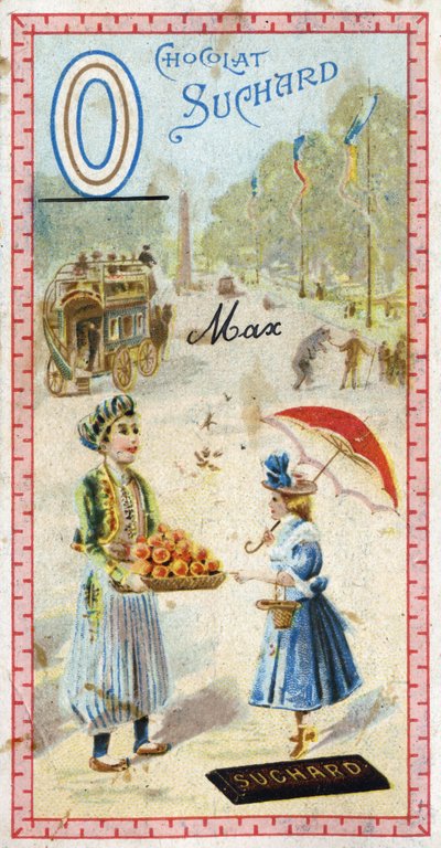Bokstaven O: omnibus, ottoman, paraply, oriflame, orange, obelisque, björn. Gravyr av alfabetet redigerad av Chocolat Suchard, början av 1900-talet. 24 kromolitografier som representerar platser, karaktärer och föremål som ska upptäckas i bilden. Di av Unbekannt