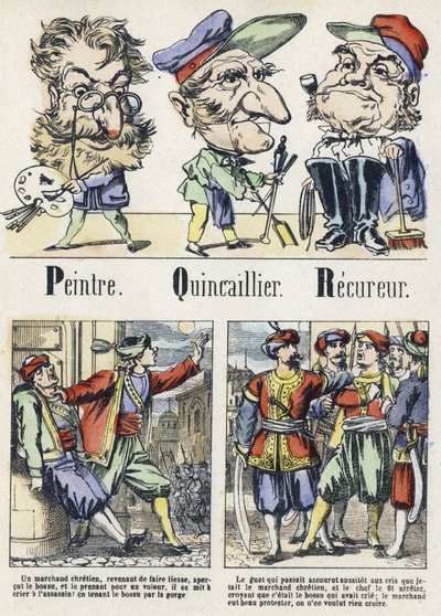 Bokstaven P, Q och R: Målare, hårdvara och återställare. Alfabetet i den östra berättelsen. Avbildning av Epinal, cirka 1890. Populär serie. Litet häfte på 8 sidor. Mått: 205x150mm. Stencilerade trästick på temat metier av Unbekannt