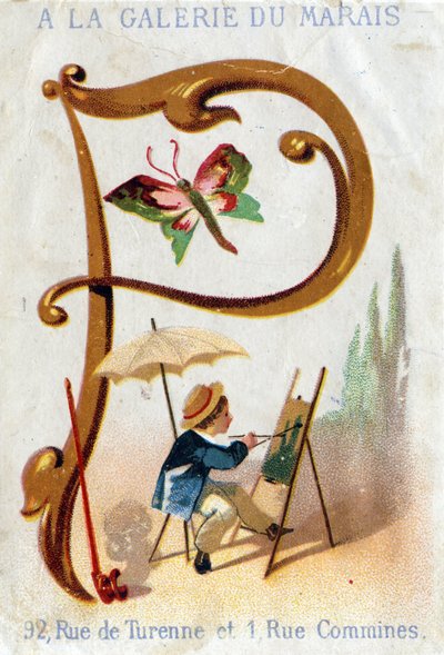 Bokstaven P: målare, fjäril, parasoll, pipa. Alphabet Art Nouveau: Serie med 25 reklamkromolitografier. Litografi av Alfred Clarey, sent 1800-tal. Mått 115x75mm av Unbekannter Künstler