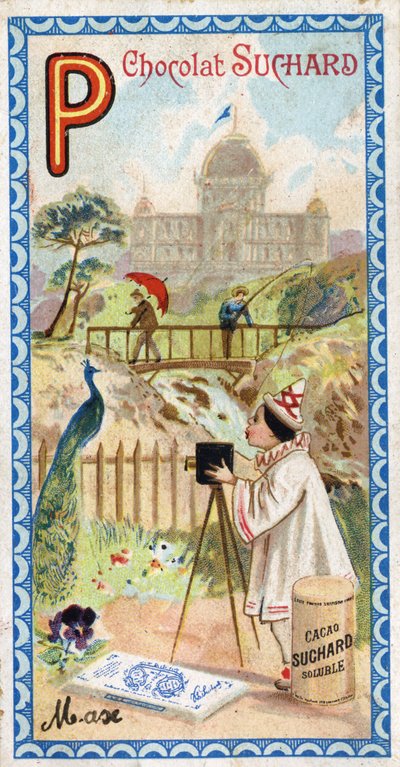 Bokstaven P: palats, paviljong, paraply, fotograf, bro, fiske, påfågel, pensee. Gravyr av alfabetet redigerad av Chocolat Suchard, början av 1900-talet. 24 kromolitografier som representerar platser, karaktärer och föremål som ska upptäckas i av Unbekannt