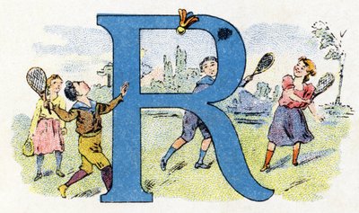Bokstaven R: Flygande racket. Alfabetet av Phosphatine Falieres. Gravyr. Brevete-alfabetet S.G.D.G. av apotekaren Pierre Emile Falieres. Illustrationer i kromolitografi, sent 1800-tal. 16 sidor. Mått: 103x154mm av Unbekannt