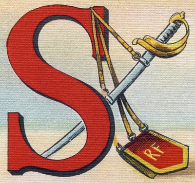 Bokstaven S: Sabre. Gravyr i "Alphabet de ma petite fille". Bernardin-Bechet och Fils, bokhandlare-förlag, Paris, omkring 1895. Okrossbart album på duk. Bibliotheque des Bebes. 12 sidor. Album som innehåller en läsmetod och en illustrativ abecedar av Unbekannt