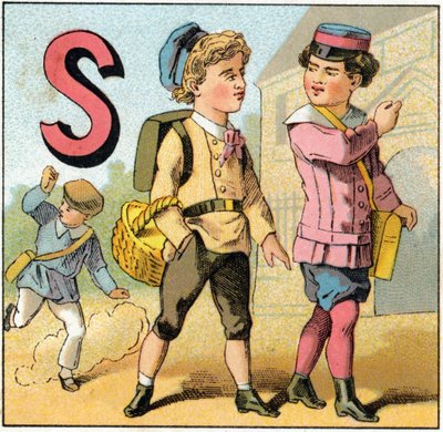 Bokstaven S som skolavslutning. Gravyr i "Alphabet des petits ecoliers". Avbildning av Epinal, cirka 1885. Privee Collection av Unbekannt
