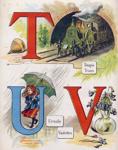 Bokstaven T, U och V: topp, tåg, ursula och violett. Gravyr i "ABC L