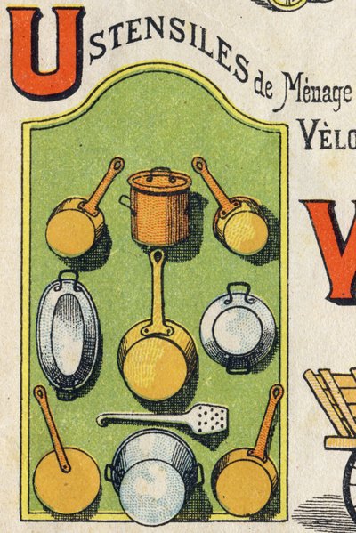 Bokstaven U. Cocote, spis, ekorre, kastrull... Gravyr i "ABC Toys". Epinal avbildning i kromolitografi, ca 1890. Litet häfte om 8 sidor. Mått: 195x135mm, avsedd att ta emot annons i 4:e omslaget. Används hemma, den erbjuder en lysande ab av Unbekannt