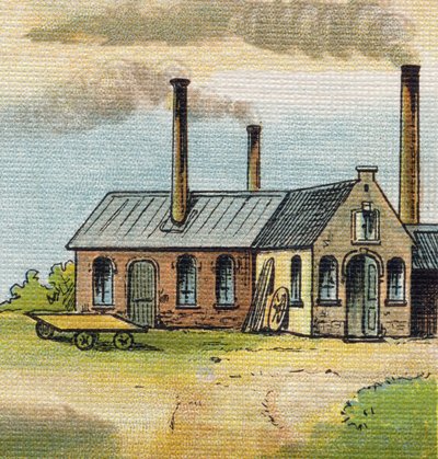 Bokstav U: Fabrik. Gravyr i "Alphabet de ma petite fille". Bernardin-Bechet och Fils, bokhandlare-förlag, Paris, omkring 1895. Okrossbart album på duk. Bibliotheque des Bebes. 12 sidor. Album innehållande en läsmetod och en illustrativ abeced av Unbekannt