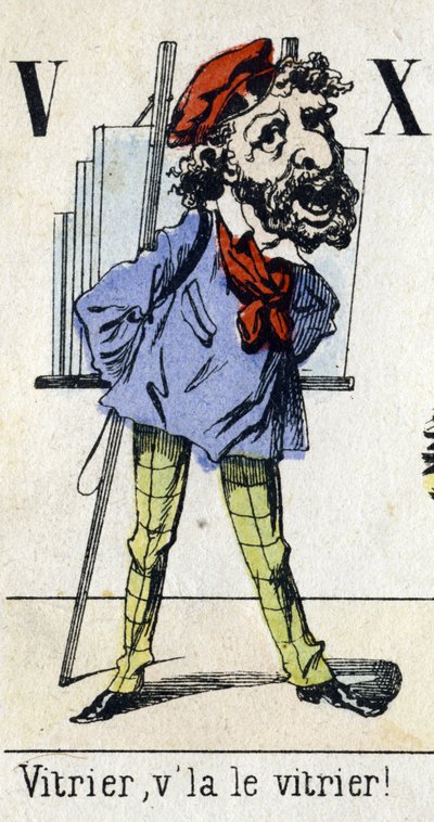 Bokstaven V och X: "Glasmästaren, glasmästaren!" Alfabetet "Barns nöje". Avbildning av Epinal, cirka 1890. Populär serie. Litet häfte på 8 sidor. Stencilerade trästick på temat små gatumetier och Paris rop av Unbekannt
