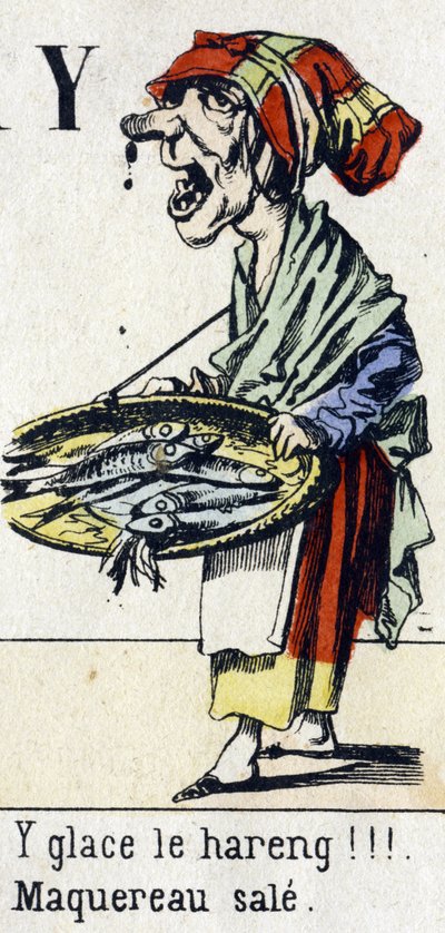 Bokstaven Y: "isa sillen!!! Smutsig makrill". Alfabetet "Barns kul". Avbildning av Epinal, cirka 1890. Populär serie. Litet häfte på 8 sidor. Stencilerade trästick på temat små gatumetier och Paris rop av Unbekannt