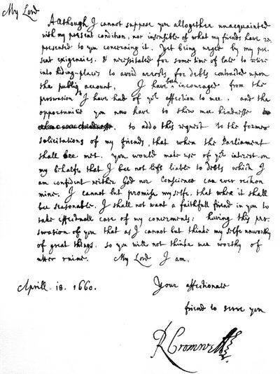 Brev från Richard Cromwell till George Monck, som rapporterade att hans "nuvarande krav" tvingade honom att "dra sig tillbaka till gömställen för att undvika arrestering för skulder som ingåtts på det offentliga kontot" och ber om hjälp, 18 april av Unbekannt