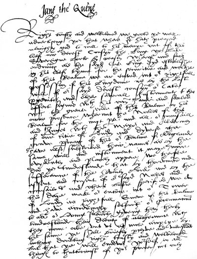 Brev undertecknat av Lady Jane Grey, till William Parr, Marquess of Northampton, som tillkännager hennes tillträde som drottning och kräver hans lojalitet och hjälp mot Lady Mary, "jäveldotter till vår store farbror Henry Theight of famous memorye", skrive av Unbekannt