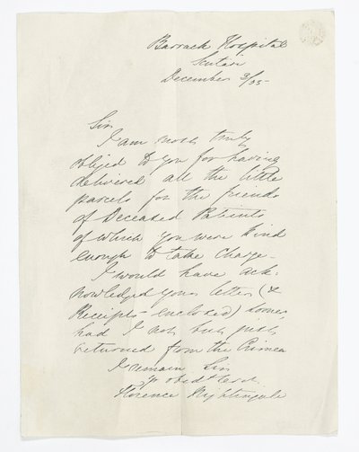 Brev skrivet av Florence Nightingale, på Barrack Hospital, Scutari (bläck på papper) av Unbekannt