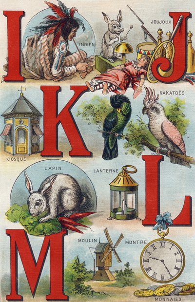 Bokstäver I J K L; indisk; Leksaker; Kakatoes; Kiosk; Lykta; Kanin; Titta på mynt; kvarn. Gravyr i "Mitt barnbarns alfabet". Bernardin-Bechet och Fils, bokhandlare-förlag, Paris, omkring 1895. Okrossbart album på duk. Babybibliotek. 12 av Unbekannt