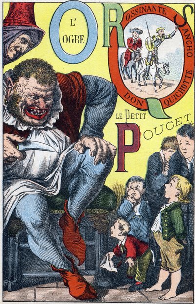 Bokstäver: O P Q R S - The Ogre and the Peucet, Don Quixote, Rossinante och Sancho - Gravyr i "ABC Les Images en Alphabet" - Imaging d
