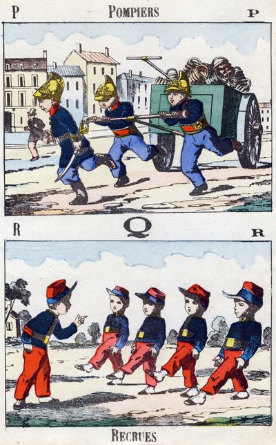 Bokstäver P Q R: Brandmän och rekryter. Gravyr i "Alphabet militaire enfantin". Bildspråk av Pont-a-Mousson, cirka 1890. 20 sidor. Mått: 28,5x21cm av Unbekannt