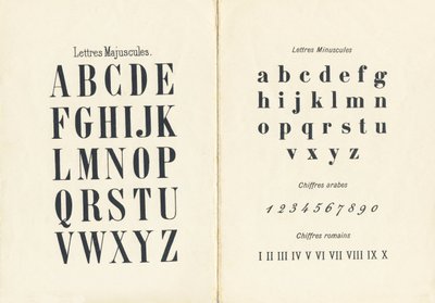Versaler och gemener, arabiska och romerska siffror - Gravyr hämtad från ABCD av små flickor. Pellerin & Cie, tryckare-förlag, Epinal, omkring 1890. Serie A. Mått: 19 x 13,5 cm. av Unbekannt